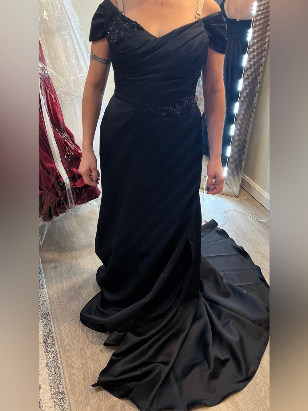 Rachel Allan Black Off-Shoulder Prom Gown